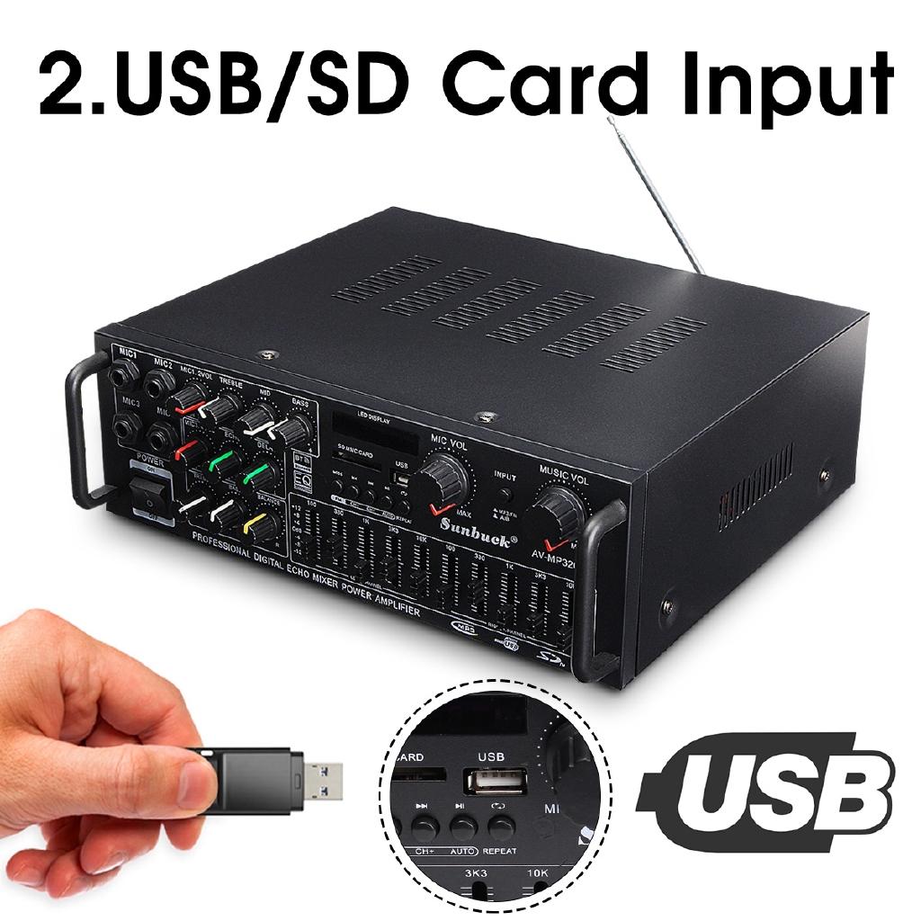 2000W 326BT 12V/110V Bluetooth 2.0 Channel Audio Power HiFi Amplifier Stereo AV Amp Speaker Support 4 Microphone with Remote