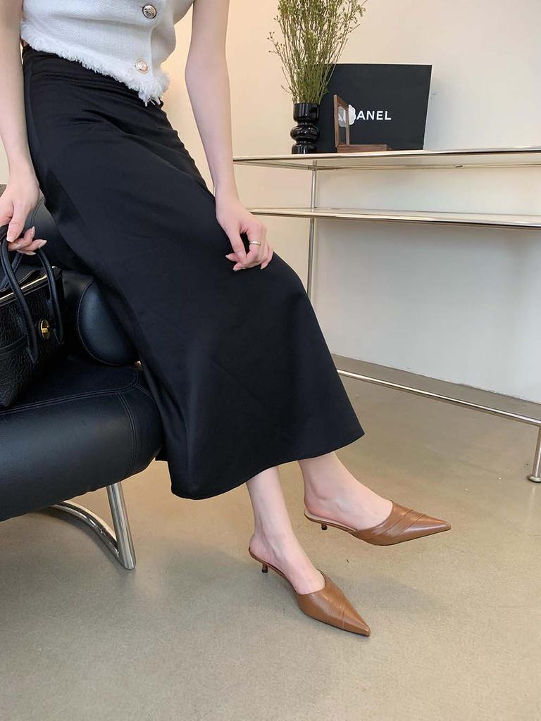 Модные женские тапочки с острым носком, новые поступления 2024 года, модные туфли на тонком среднем каблуке, коричневые, белые, черные, неглубокие туфли-лодочки без застежек