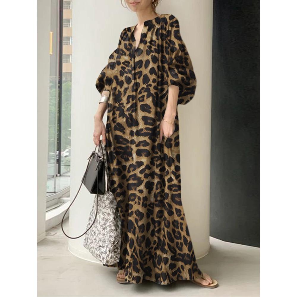 Модное леопардовое принтованное женское платье макси на весну, с рукавами-фонариками, длинное, повседневное, с V-образным вырезом, халат большого размера