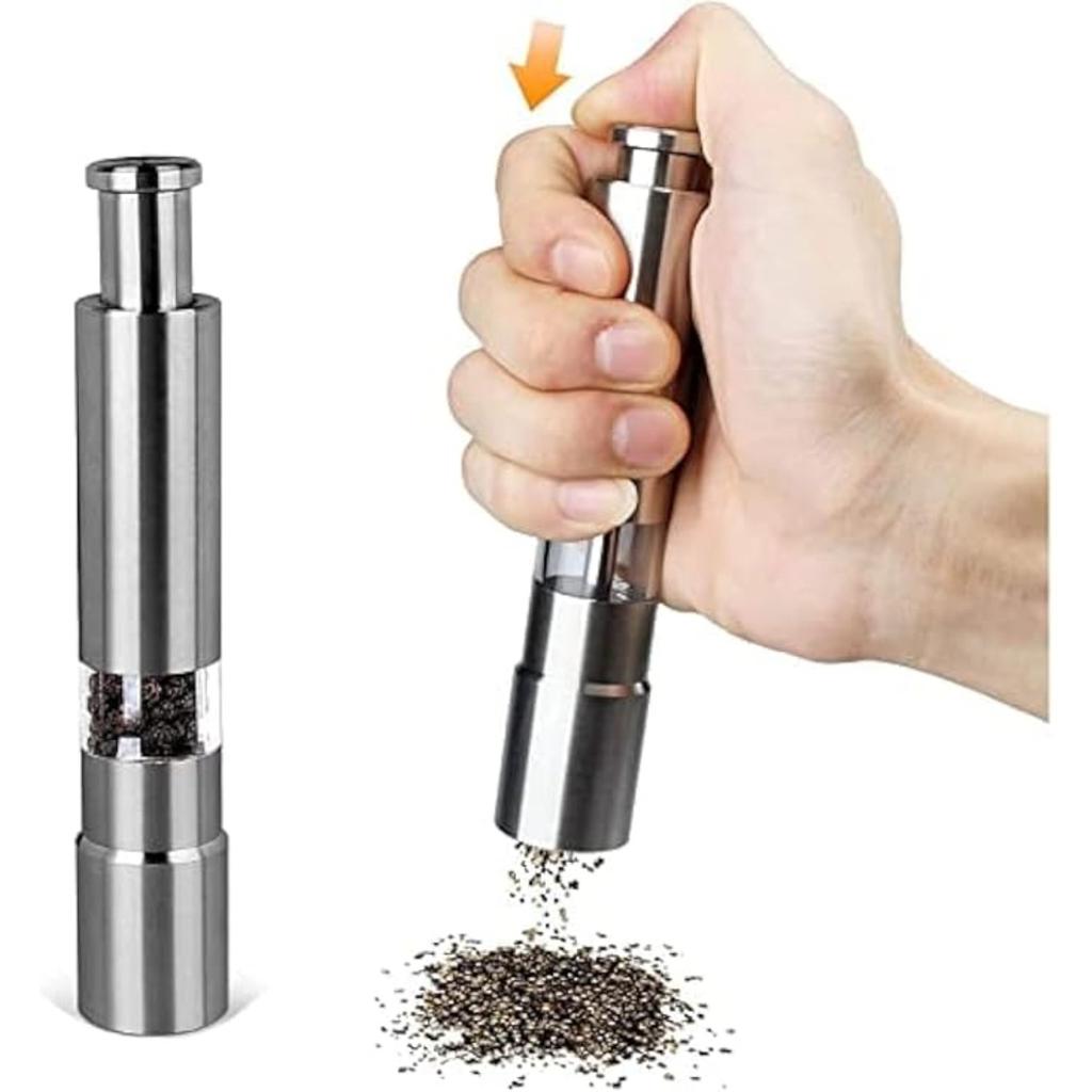 Stainless Steel Salt and Pepper Grinder,Push Button Grinder Modern Design Thumb Grinder, for Black Pepper, Sea Salt and Himalayan Salt, Spice and Salt