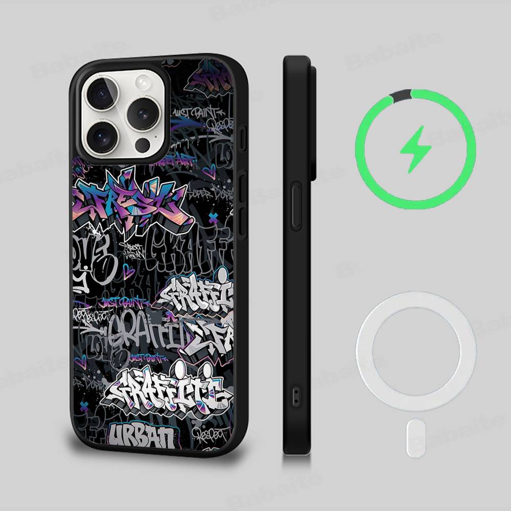 Крутой черный граффити чехол для телефона iPhone 13 14 15 11 12 16 17 Pro Max Plus Для Magsafe Магнитный корпус