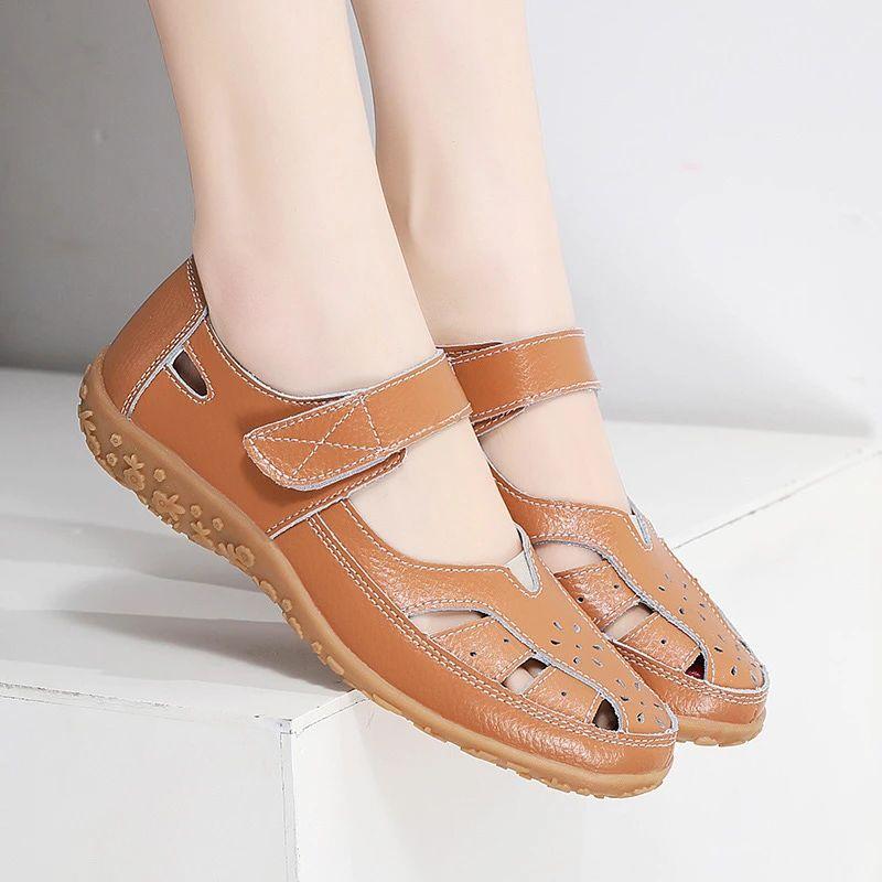 Модные сандалии из натуральной кожи Модные Новые Летние Удобные Мягкая Подошва Обувь для Мам Кожаный Велкро Повседневная Женская Обувь Плоская Подошва