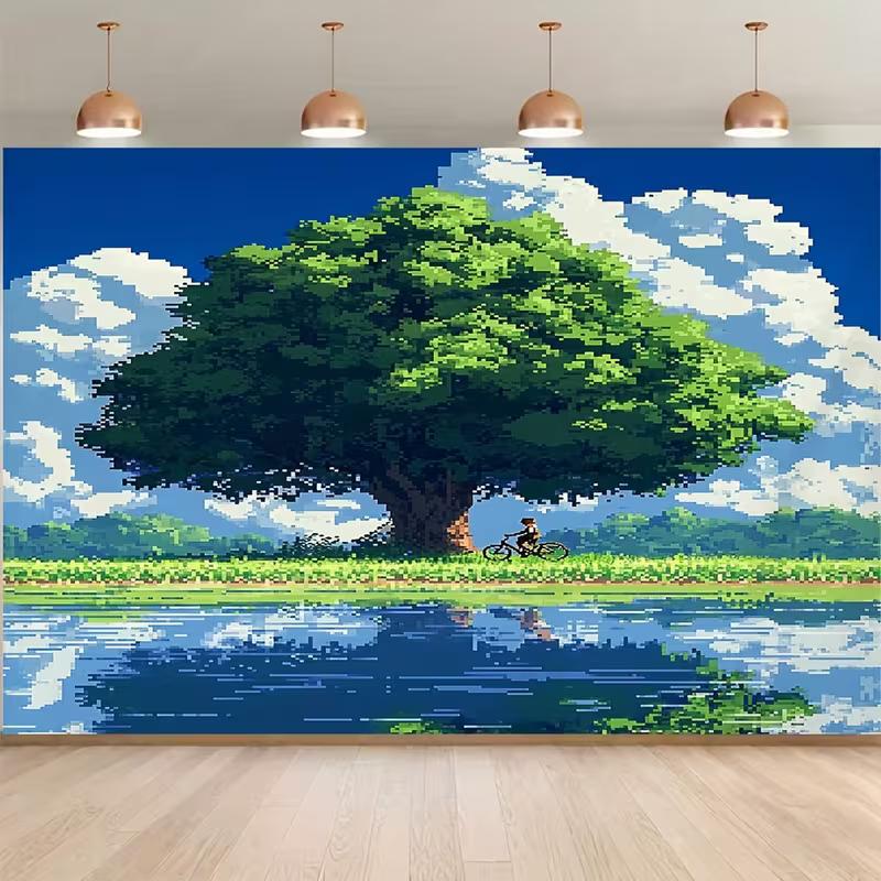 Пиксельный фон в стиле Studio Ghibli с деревом и велосипедом