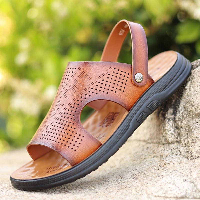 Men's leather sandals men's summer waterproof and non-slip slippers breathable two wear beach shoes trendy thick-soled sandals wear-resistant