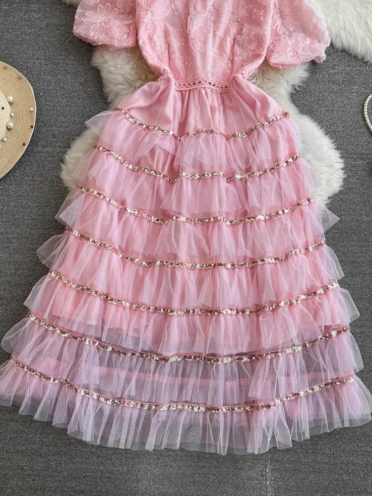 Летние женские сладкие блестящие цветочные сетчатые вечерние платья с вырезами