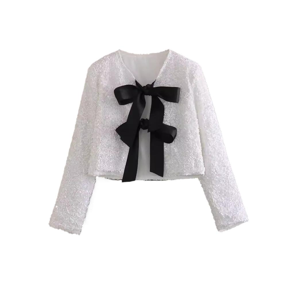 Fashion Holiday Tie-front Sequined Jacket for Women Y2K Shiny Chic Cropped Coat Female Elegant Long Sleeve Lady Party Outerwear