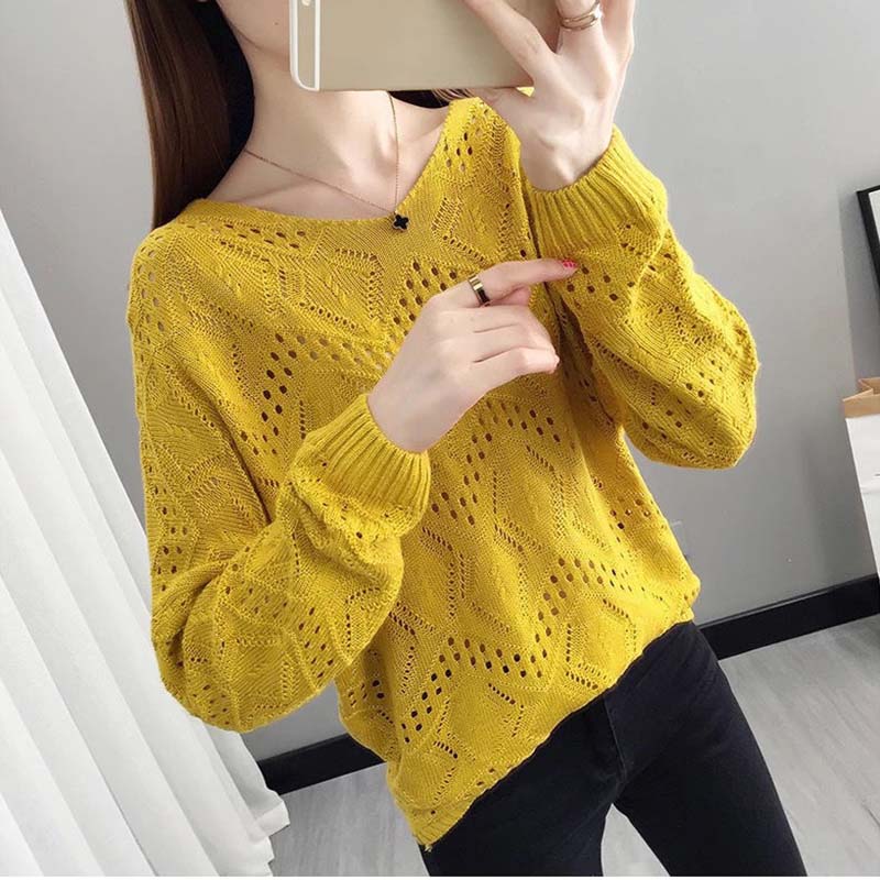 Hollow Knit Sweater Thin Women's Loose Pullover Sweet Outer Bottomed Blouse College Girl Style Hand Knitting