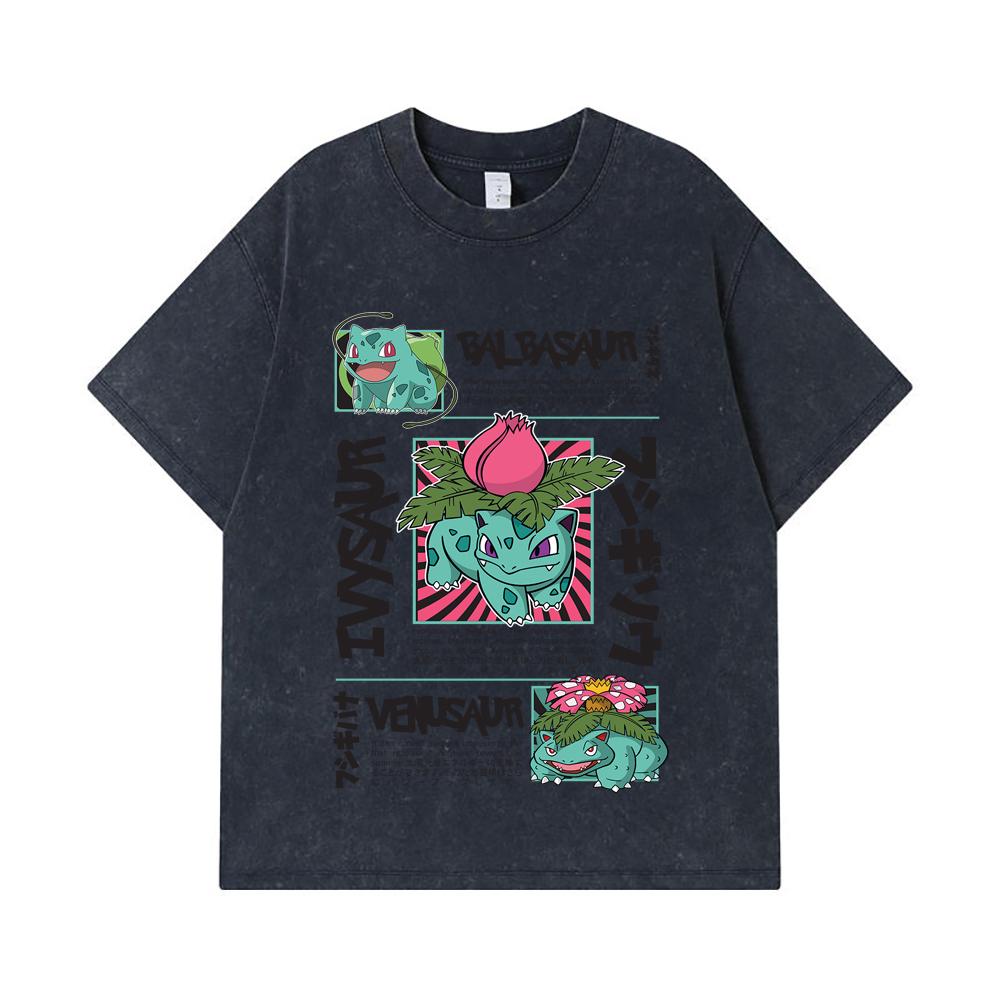 275 GSM Washed T-shirts 100% Cotton Pokemon V4 Balbasaur Print Unisex Heavy Cotton T Shirt