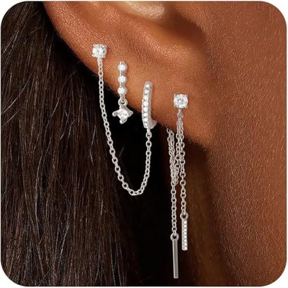 4Pcs/Set Zircon Drop Earrings Set Geometric Hoop Pendant Earrings Set Women Accessories