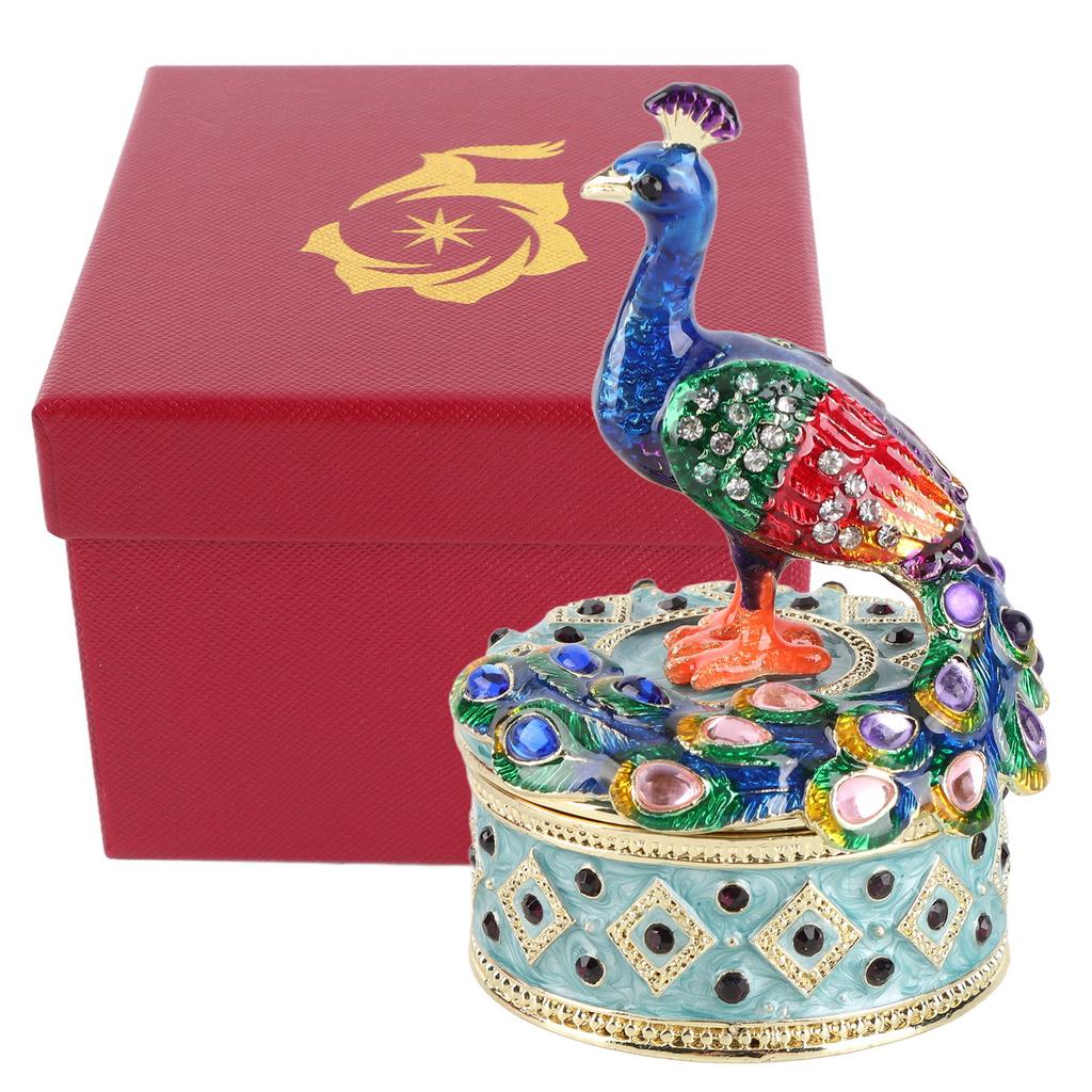 Peacock Figurine Hinged Jewelry Storage Box Desktop Zine Alloy Decoration Ornament
