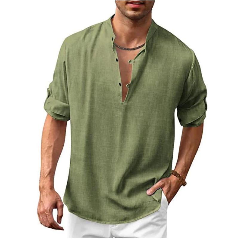 Men Linen Blend Stand Collar Shirt Casual Half Button Roll Up Sleeve Solid Blouse
