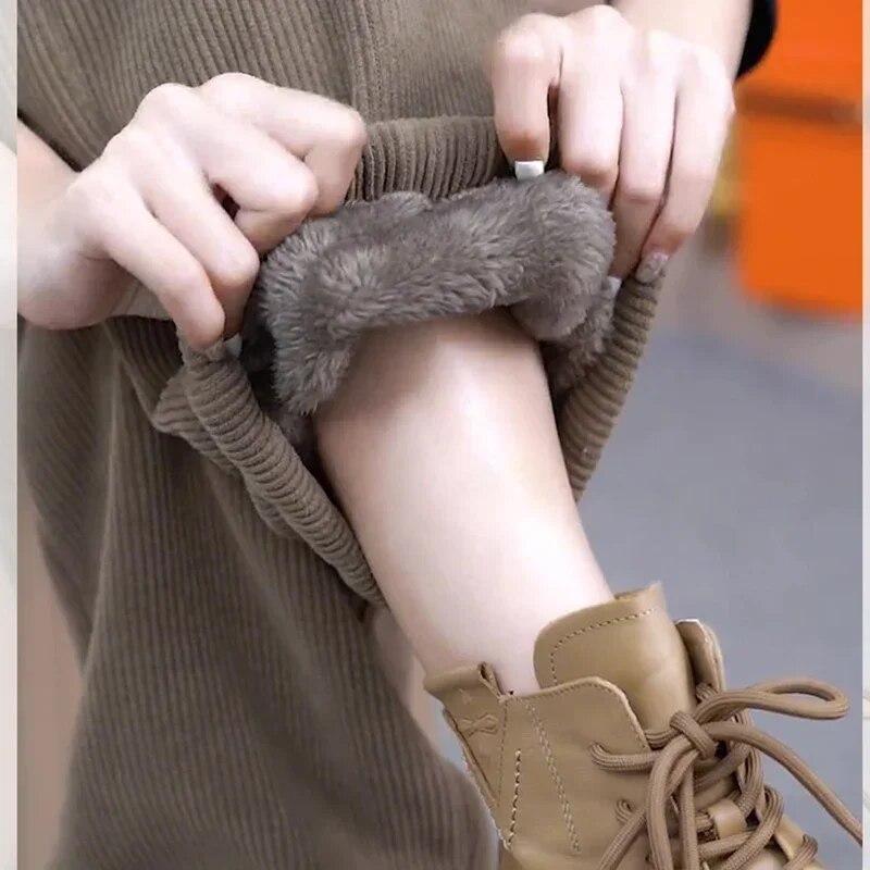 Зимние модные бархатные теплые свободные прямые брюки для женщин, офисные женские леггинсы с высокой талией, утепленные однотонные брюки 29584