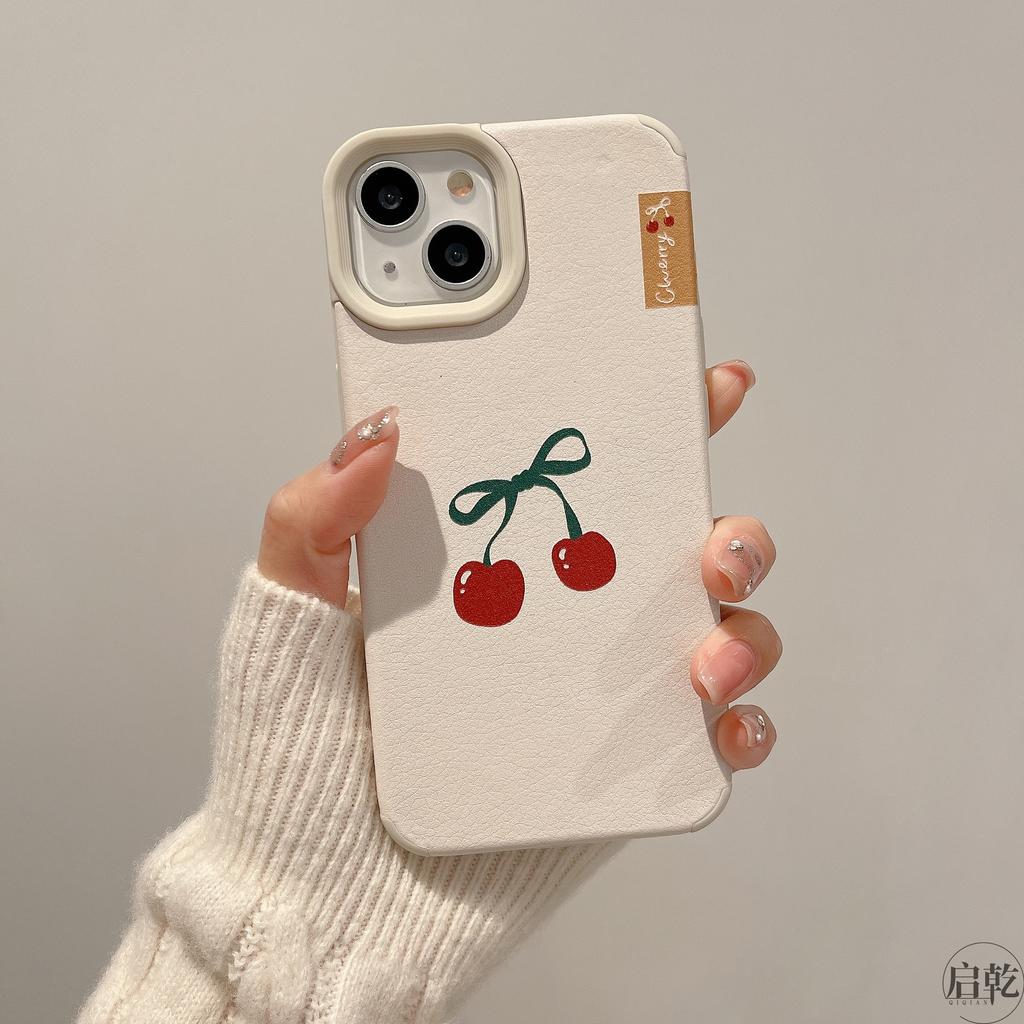 White Leather Wine-red Cherry IPhone 15 Phone Case Suitable for Apple 14/13 Promax Soft Shell