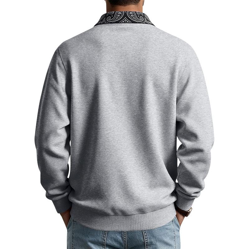 Mens Paisley Pattern Fleece Long Sleeve Polo Shirt American High Street Style