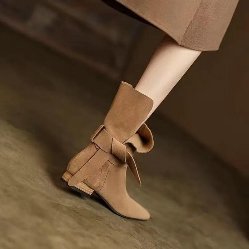 Flat Suede Short Boots 2024 New Autumn/winter Korean Version Chelsea Pointed Bow Fashion Boots for Women