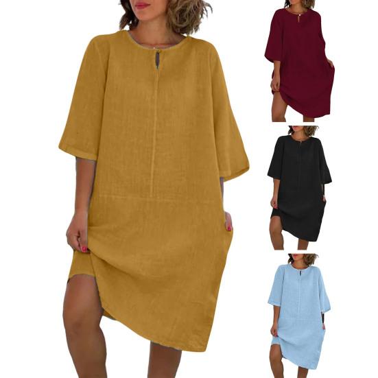 Женское свободное платье-рубашка из хлопка и льна, повседневное платье миди с рукавом 1/2 и круглым вырезом, летний пляжный сарафан для отдыха