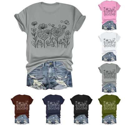 Женская повседневная свободная футболка с цветочным принтом, пуловер с круглым вырезом и короткими рукавами