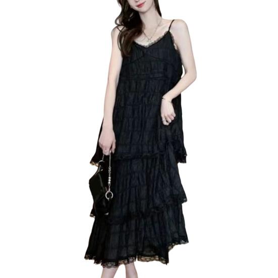 Женское платье на бретелях с V-образным вырезом, без рукавов, многослойное, с кружевной отделкой, макси-платье