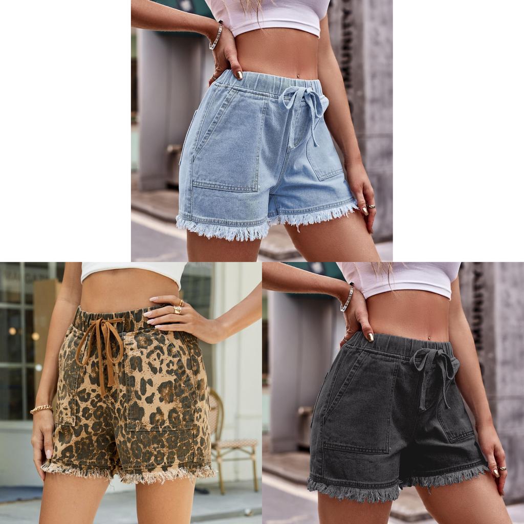 Denim Shorts For Women With Elastic Waistband And Pockets Summer Streetwear Style