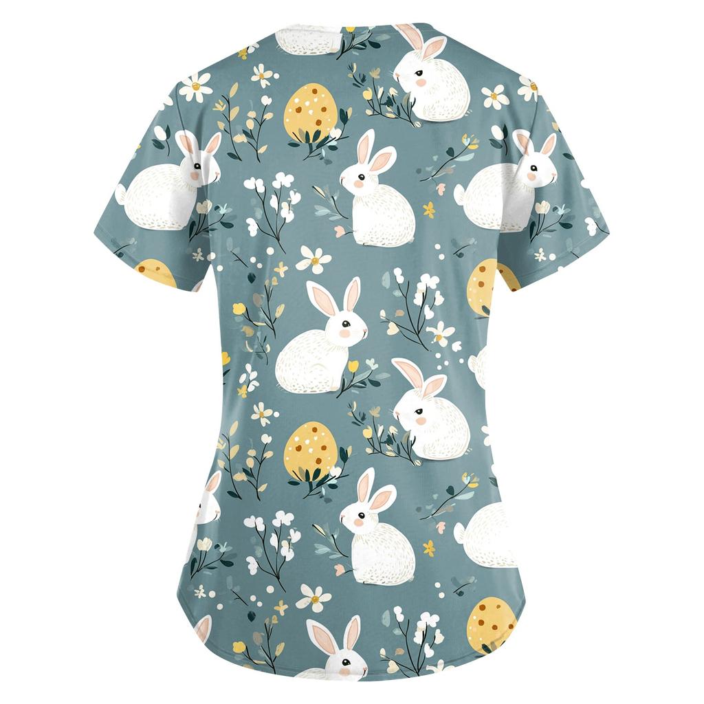 Женский свободный свитер с принтом пасхального яйца, V-образным вырезом, карманом, коротким рукавом