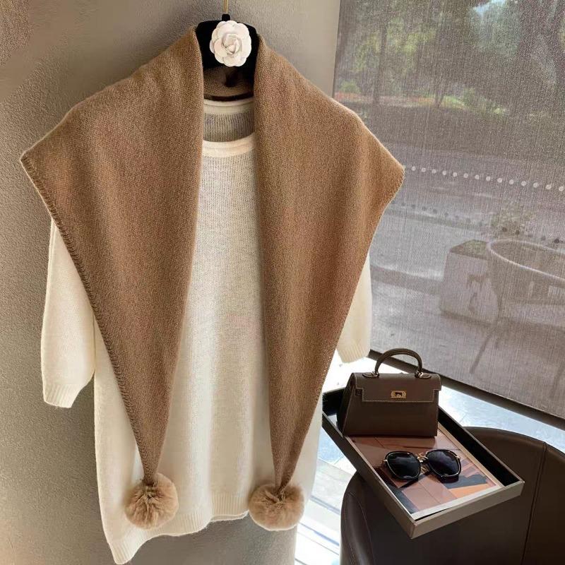 Women S Warm Knit Triangle Scarf With Pom Pom Korean Style Versatile Fashion Scarf