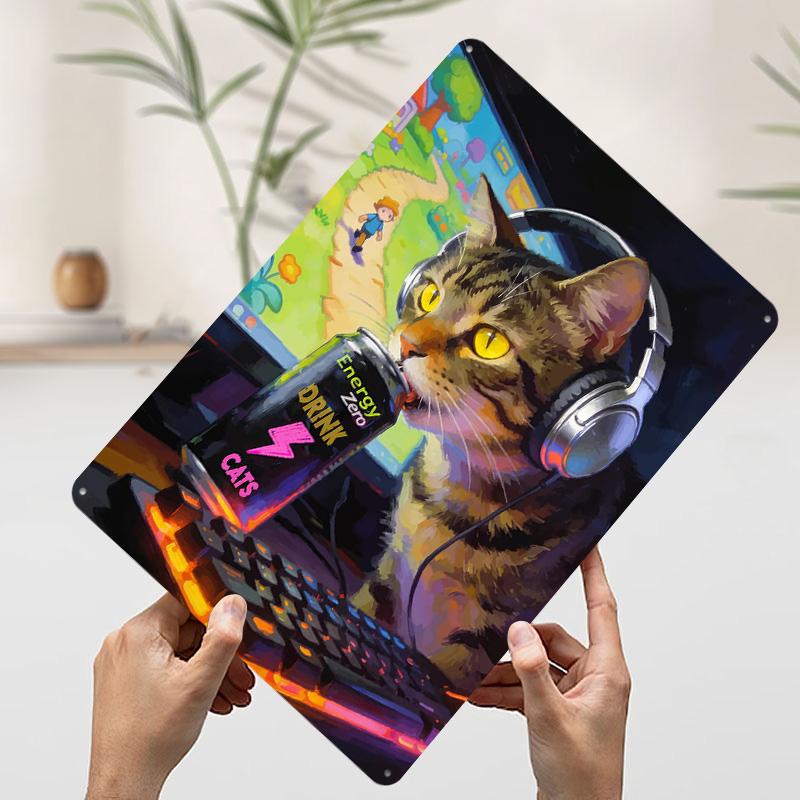 Gamer Cat With Energy Drink Tin Plaque Poster Customized Wall Art Retro Vintage Metal Signs for Man Cave Desk Decor Coffee Bar