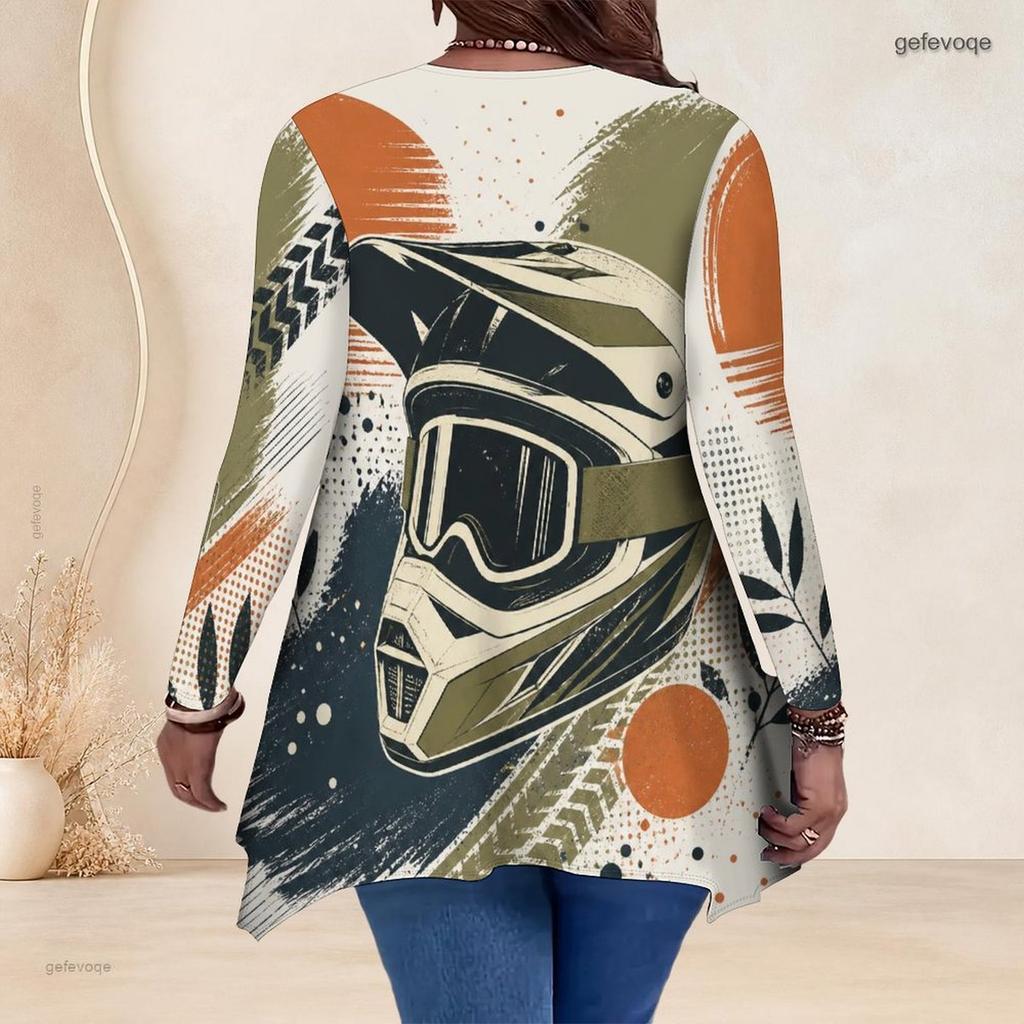 Plus Size Women V Neck Long Sleeve Loose Top With Irregular Split Hem For Casual Occasions