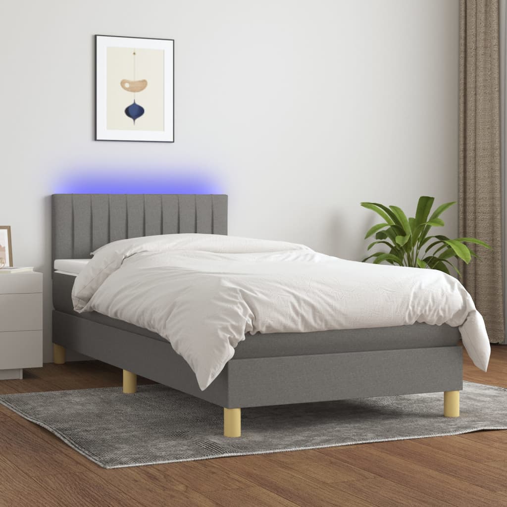 Box Spring Bed with Mattress & LED Dark Grey 90x200 cm Fabric