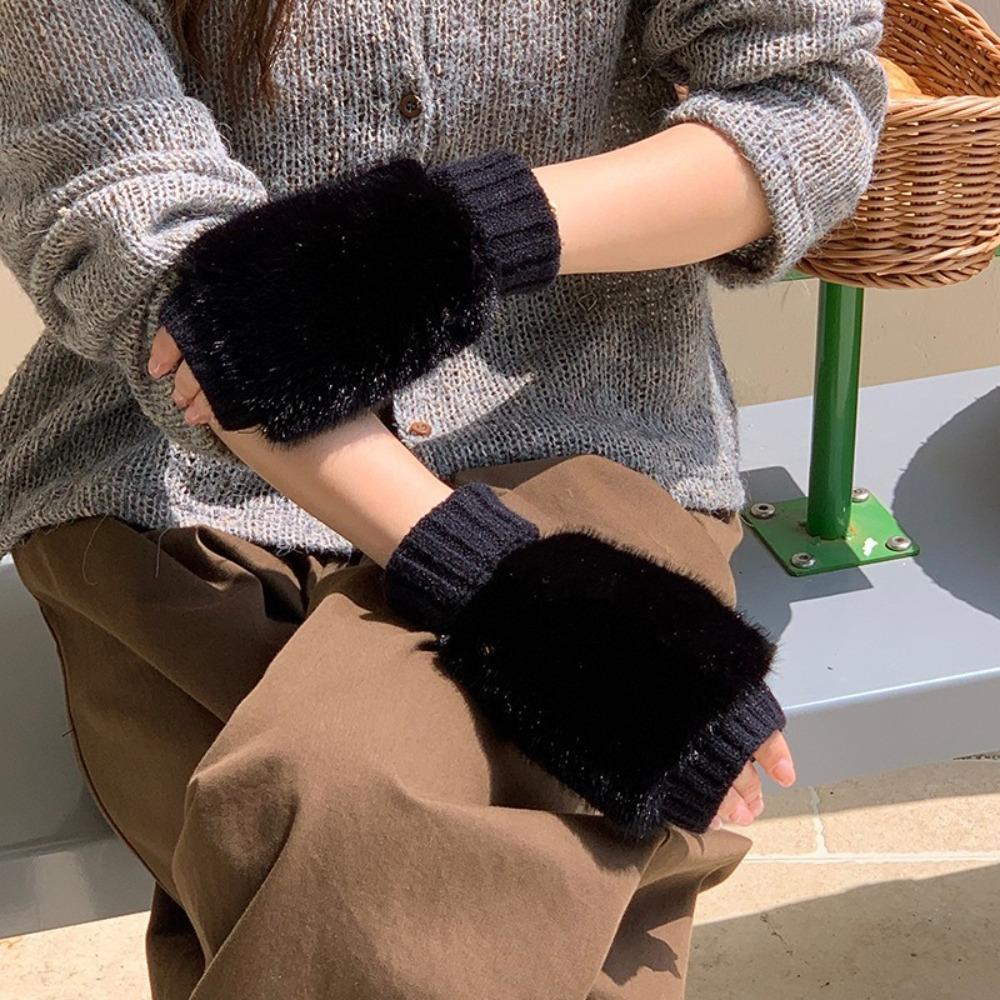 Warm Knitted Gloves Soft Plush Gloves Fashionable Half-Finger Gloves Women