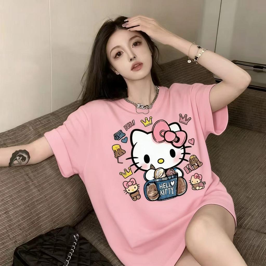 Футболка Hello Kitty с коротким рукавом из мягкого хлопка, повседневная, с круглым вырезом, милый мультяшный принт, легкий летний топ для женщин, для повседневной носки