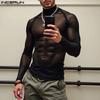 Men High Neck Long Sleeve Mesh Sheer Stitching Party Clubwear Tops