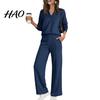 V Neck Pullover Sets Women Sweatshirt Pants 2-Piece Set, V-Neck Long Sleeve Top & Wide Gym Clothing Leg Trousers with Elastic Waist, Solid Color
