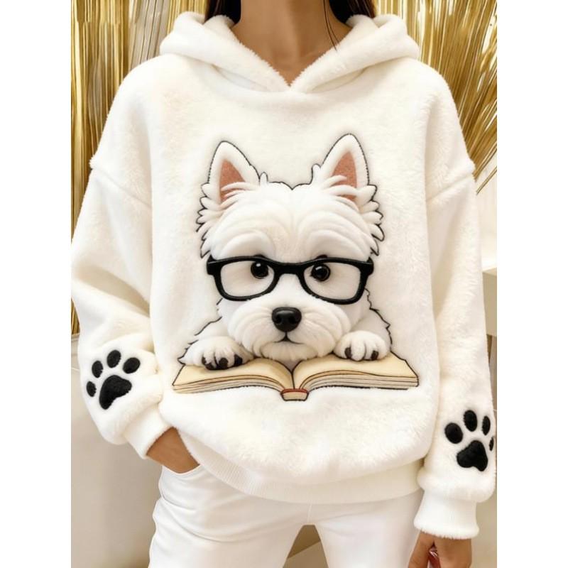 Womens Flannel Hooded Sweatshirt With 3D Dog Print - Cozy Casual Long Sleeve Top Winter