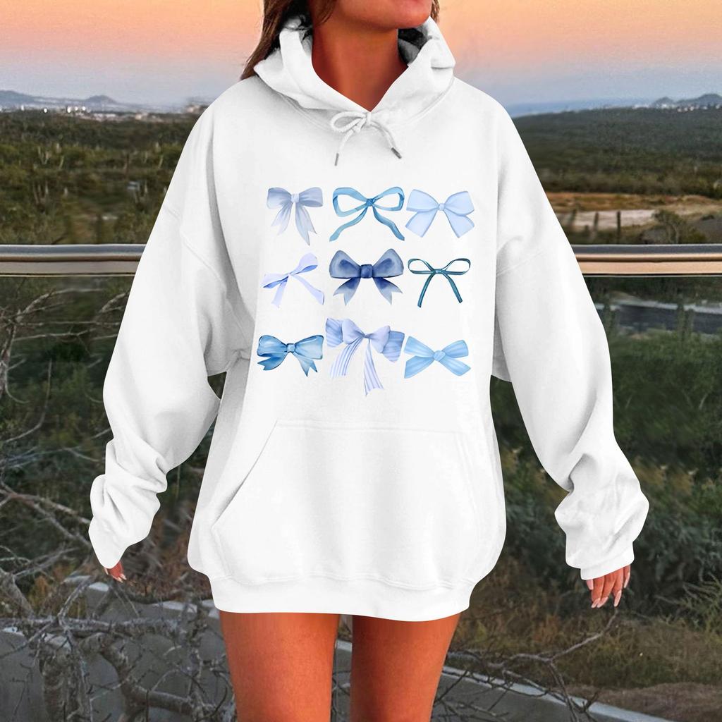Женская весенняя флисовая толстовка с капюшоном и принтом в виде банта, с длинными рукавами