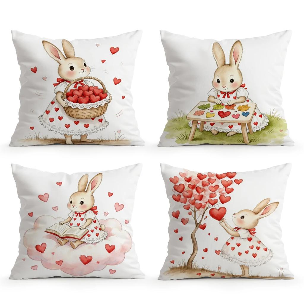 4 Pcs Heartfelt Rabbit Illustration Single-Sided Printed Pillowcase For Living Room Bedroom Car Decoration