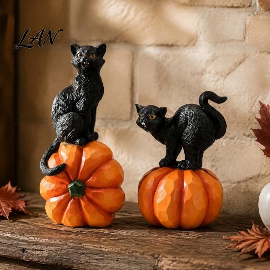 Black Cat Statue for Window Sill Halloween Pumpkin Ornament, Vintage Wood Carving Style Seasonal Festive Atmosphere Props Resin Figurine, Spooky