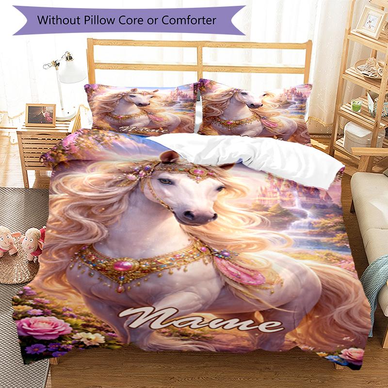 3pcs Custom Name Horse Bedding Set Duvet Cover Closure Includes 1 Duvet Cover & 2 Pillowcases, Soft and Comfortable for All Seasons.
