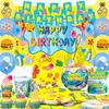 120pcs Cartoon Sponge Birthday Supplies Cartoon Sponge Tableware Set-Plates Cake Topper Balloons Etc Yellow Square Sponge Party Decorations