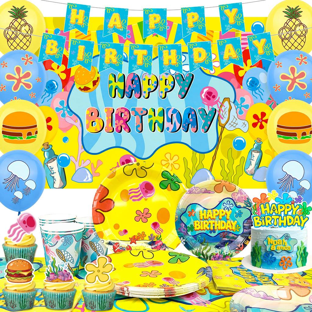 120pcs Cartoon Sponge Birthday Supplies Cartoon Sponge Tableware Set-Plates Cake Topper Balloons etc Yellow Square Sponge Party Decorations