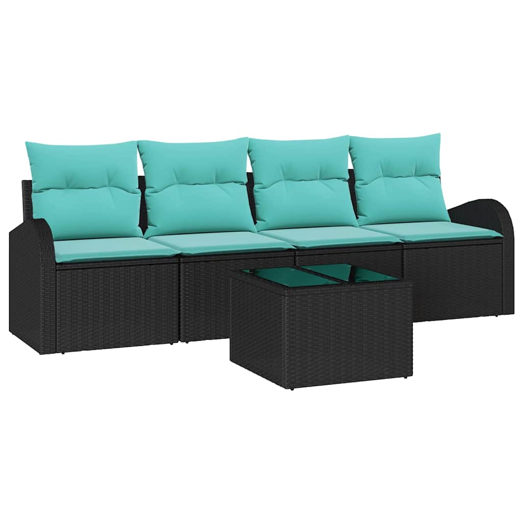Garden Sofa Set with Cushions 5 pcs Black and Turquoise Poly Rattan