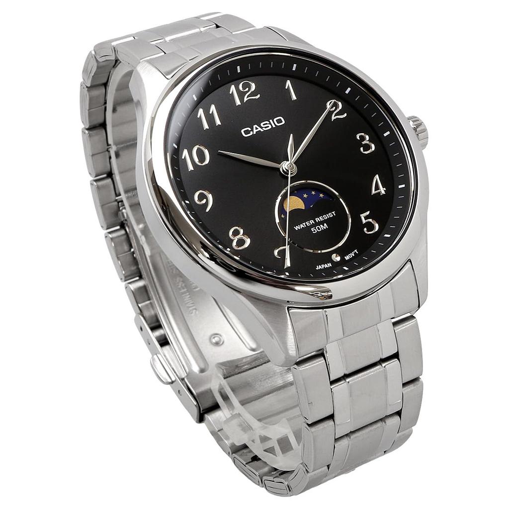 Casio MTP-M110D-1AV Стандартные мужские часы с фазами луны, Черные, Корпус из нержавеющей стали, Водонепроницаемость 5 АТМ