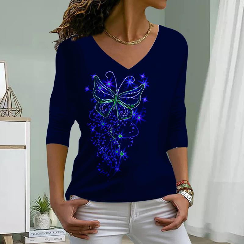 Long Tailed Butterfly Print Women Tshirts Ladies Tops Long Sleeve V-neck Pullover Femme T-shirts T Shirt For Women