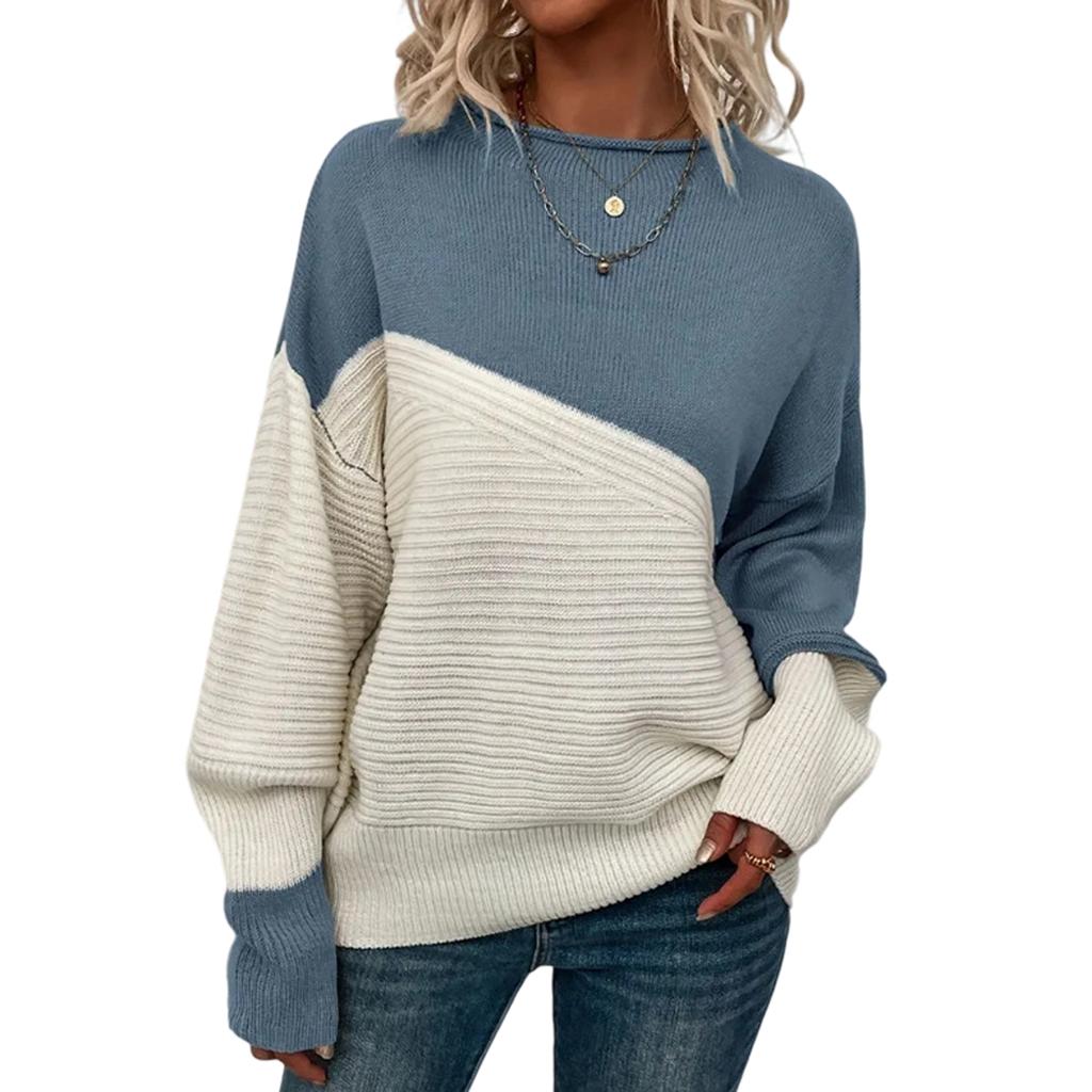 Women's Casual Round Neck Colorblock Pullover Sweater Loose Casual Long Sleeve Contrast Color Top
