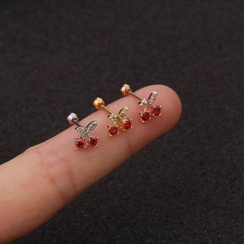 Korean Style Stainless Steel Zircon Double-Sided Cherry Earrings