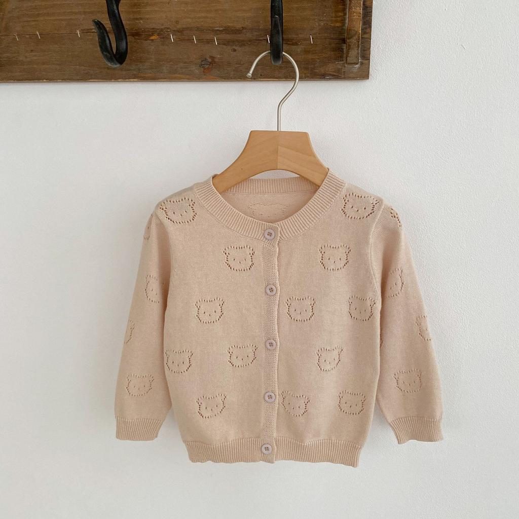 Baby Knit Cardigan with Hollow Bear Pattern Lightweight Breathable Sun Protection Top