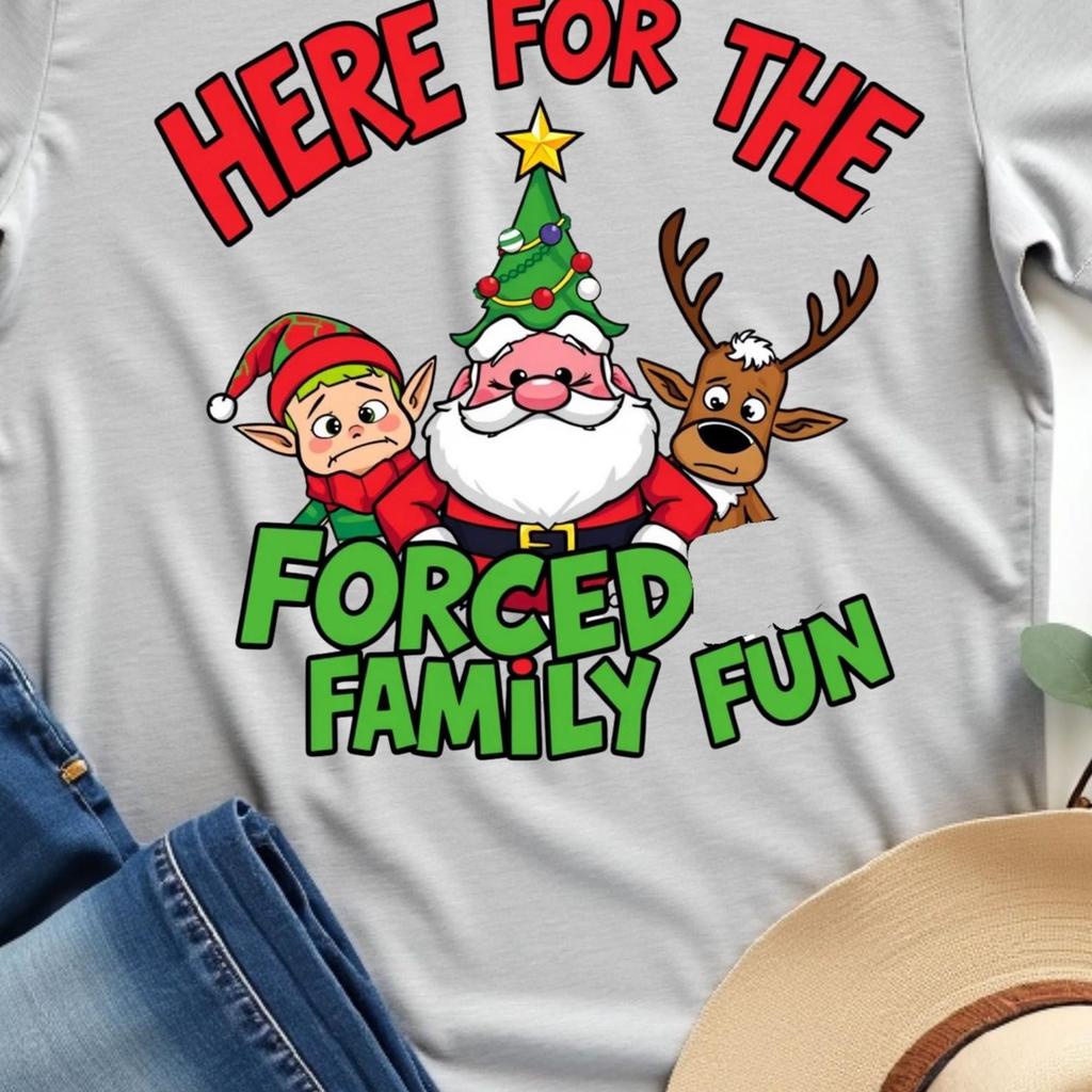 Here for The Forced Family 2025 Christmas T-Shirt Funny Family Matching Holiday Sarcastic Xmas Humor for Relatives Gatherings and Winter