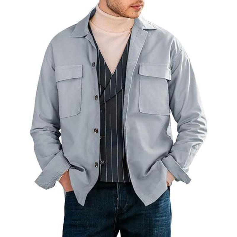 Mens Casual Solid Color Turn Down Collar Long Sleeve Loose Workwear Shirt