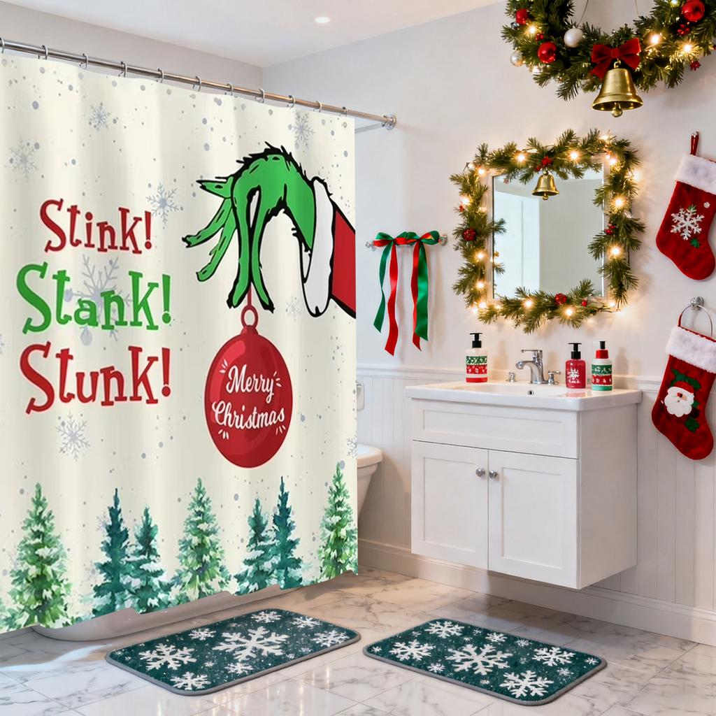 Christmas Themed Shower Curtain, 180x180cm Festive Bathroom Decor With Snowflakes, Trees & Merry Christmas Ornament Design, Fabric Curtain