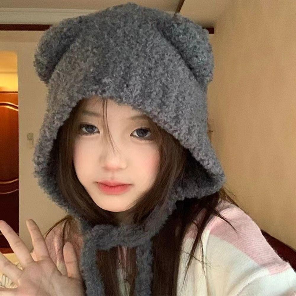 Милая плюшевая вязаная шапка с медведем Harajuku Y2K шапки-бини модная шапка с ушками медведя из овечьей шерсти для девочек