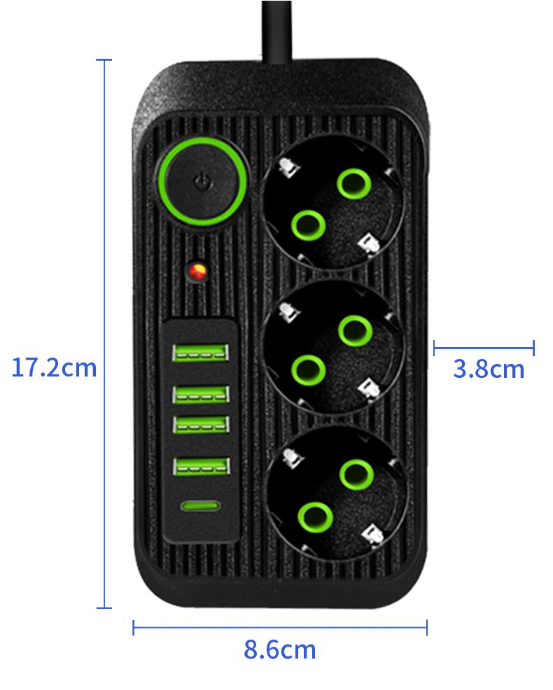 Розетки переменного тока с вилкой ЕС, удлинитель с несколькими ответвлениями, сетевой фильтр с USB-адаптером типа C для быстрой зарядки